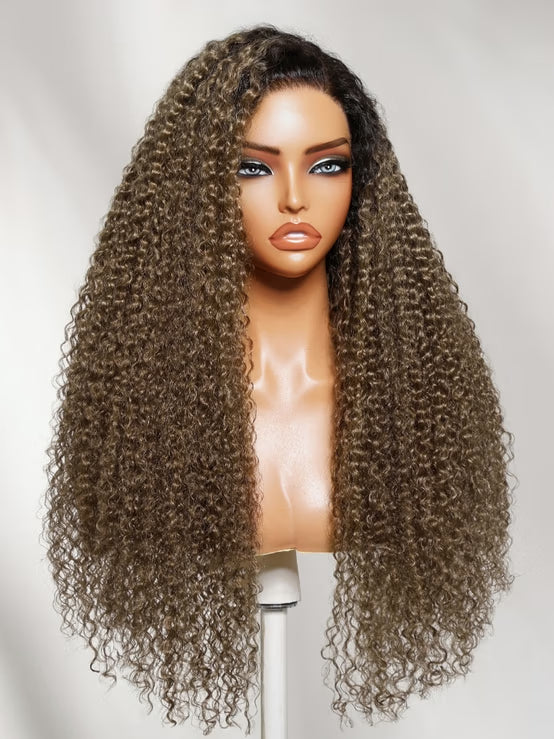Klaiyi 7x5 No Slip Glueless Lace Wig Effortless Muted Ash Brown With Dark Roots Jerry Curly Wig with Drawstring