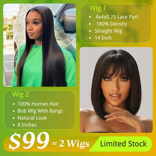 $99 Get 2 Wigs | Klaiyi BOGO 4x4x0.75LacePart Straight Wig+100% Human Hair Glueless Bob Wig With Bangs Special Offer Flash Sale