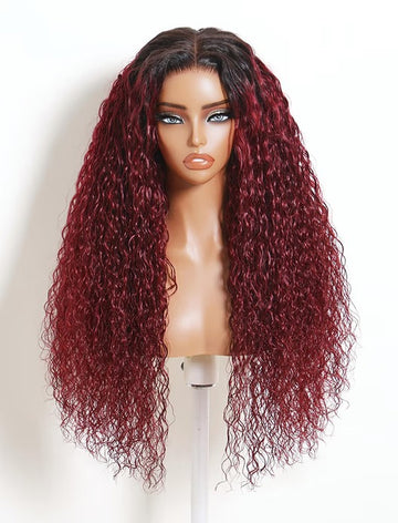 Klaiyi 99J Burgundy Water Wave Wig with Dark Roots Glueless Wig 7x5 Glueless Lace Put On&Go