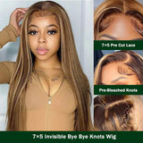 Klaiyi 7x5 Pre-cut Glueless Wig Wear Go Honey Blonde Highlights Root Bleach Knots Wig Human Hair