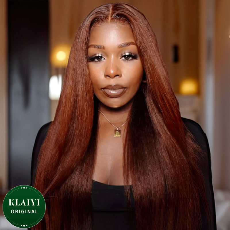 Klaiyi  Reddish Brown Yaki Straight  7x5  Pre Everything Put On and Go Glueless Lace Wigs Human Hair