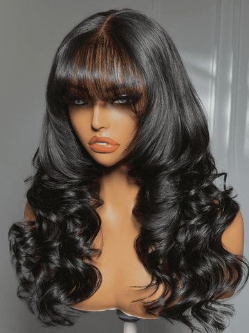 Klaiyi 7x5 No-Slip Glueless Lace Wig Natural Black Soft Blowout Loose Wave with Layered Cut & Wispy Bangs
