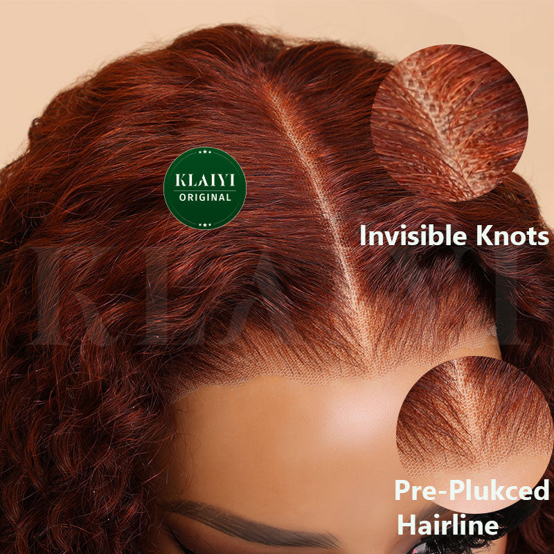 Klaiyi Pre-Cut Lace Wig Put On and Go Wigs Reddish Brown Jerry Curly Lace Closure Wig Beginner Wig