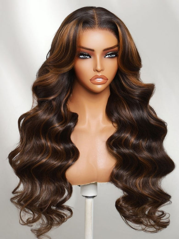 Klaiyi 7x5 No Slip Wig Dark Brown Wig with Caramel Balayage  Body Wave Put On and Go Glueless Human Hair Wig