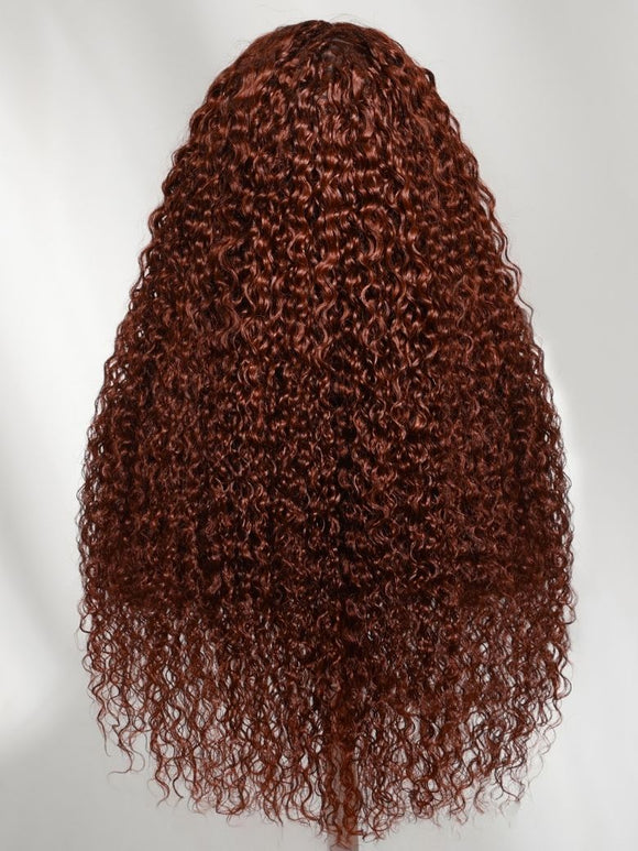 Perruque Klaiyi Afro Kinky Curly Reddish Brown, densité 180%, 13x4, pré-assemblée avec une frontale invisible et un cordon de serrage, sans colle. 
