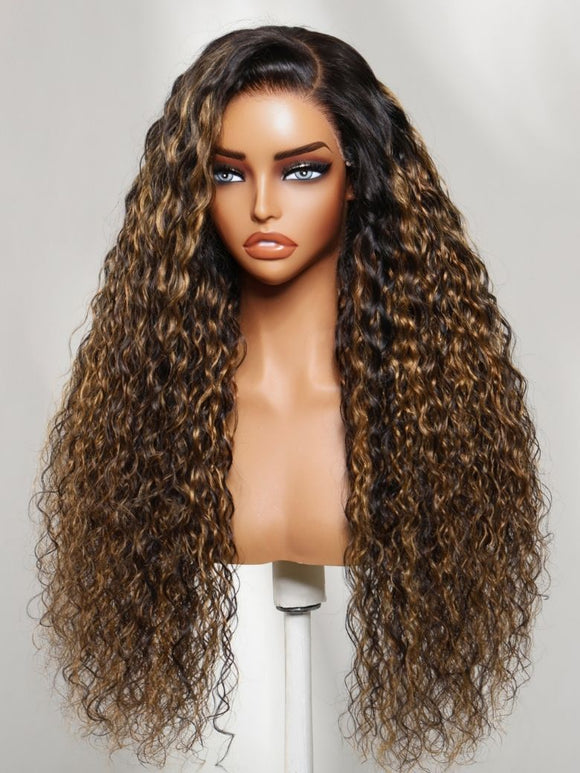 Klaiyi 7x5 No Slip Gluless Lace Closure Wig Balayage Brown Highlight Water Wave Human Hair