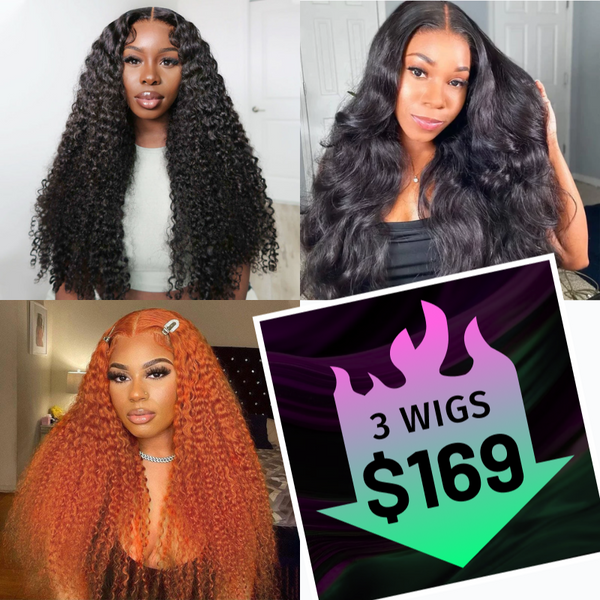 $169 Get 3 Wigs |  Lace Part Jerry Curly Wig + 180% Density Lace Part Body Wave Wig + Lace Part 88J Jerry Curly Wig Flash Sale