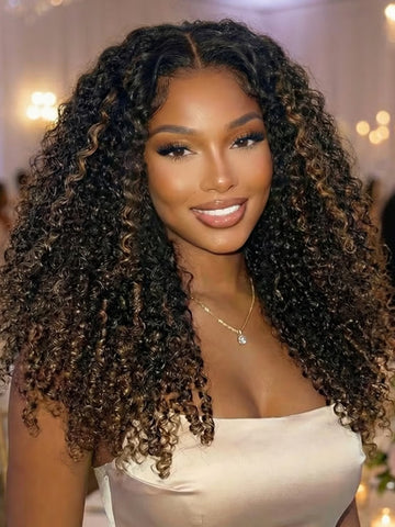 Klaiyi 7x5 Bye Bye Knots Lace Closure Wig Golden Brown Highlight Fluffy Burmese Curly Human Hair with Invisi-Drawstring