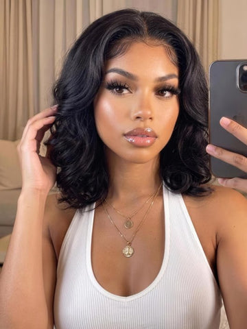 Klaiyi 7x5 No-Slip Glueless Lace Wig Soft Glam Layered Effortless Blowout Bob Human Hair Wig
