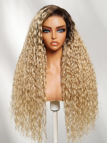 Klaiyi 13x4 No-Slip Glueless Lace Frontal Wig Golden Blonde With Dark Roots Water Wave Human Hair Wigs with Invisi Drawstring