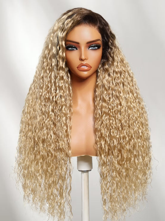 Klaiyi 13x4 No-Slip Glueless Lace Frontal Wig Golden Blonde With Dark Roots Water Wave Human Hair Wigs with Invisi Drawstring