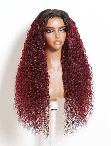 Klaiyi 99J Burgundy Water Wave Wig with Dark Roots Glueless Wig 7x5 Glueless Lace Put On&Go