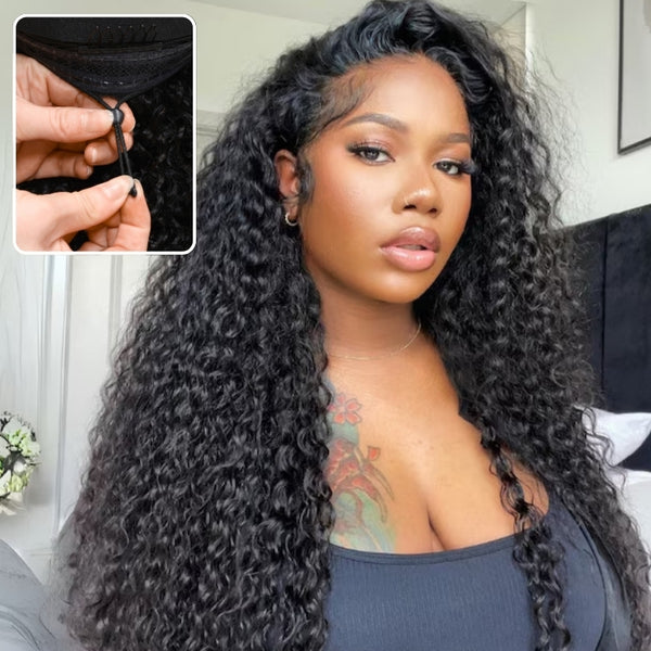 Klaiyi Water Wave 13x4 Pre Everything Lace Front Wig with Invisi Drawstring Put On and Go Glueless Human Hair Wig Flash Sale