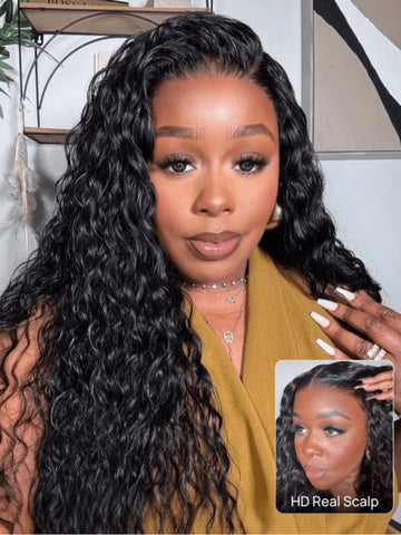 Klaiyi Water Wave 13x4 Pre Everything Lace Front Wig with Invisi Drawstring Put On and Go Glueless Human Hair Wig Flash Sale