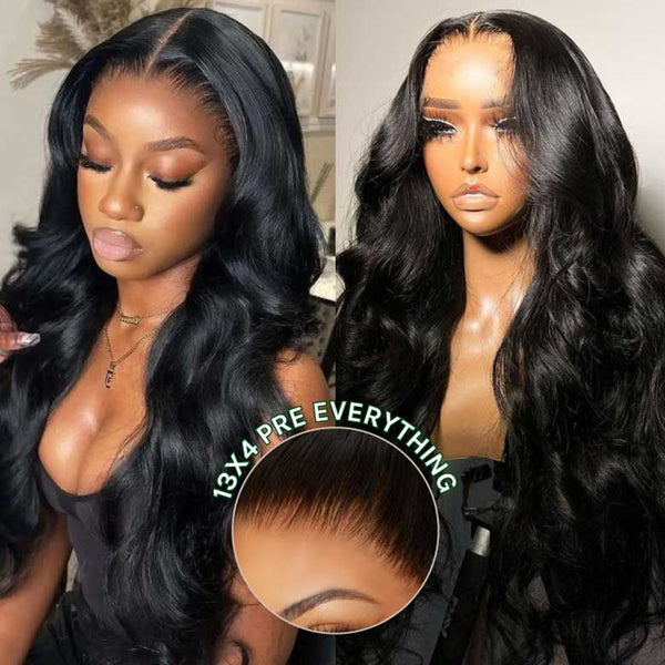 Buy 1 Get 1 Free,Code:BOGO | 7x5 Bye Bye Knots Wig Put On and Go Quick & Easy install Body Wave Wig Natural Black Color