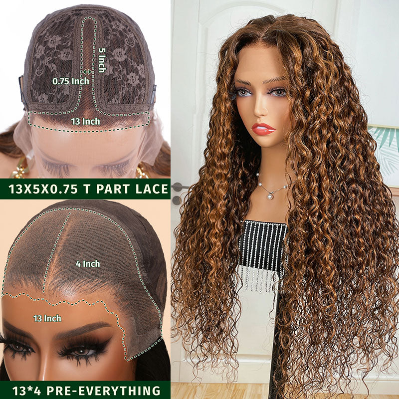 Klaiyi Piano Brown Highlight Water Wave 13x4 Pre everything Ear to Ear Frontal Lace Wig Put on and Go Glueless Wig Human Hair