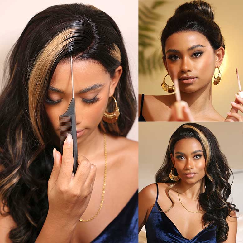 Klaiyi 13x4 Pre everything Glueless Lace Wig Black With Blonde Highlights 3D Body Wave Human Hair