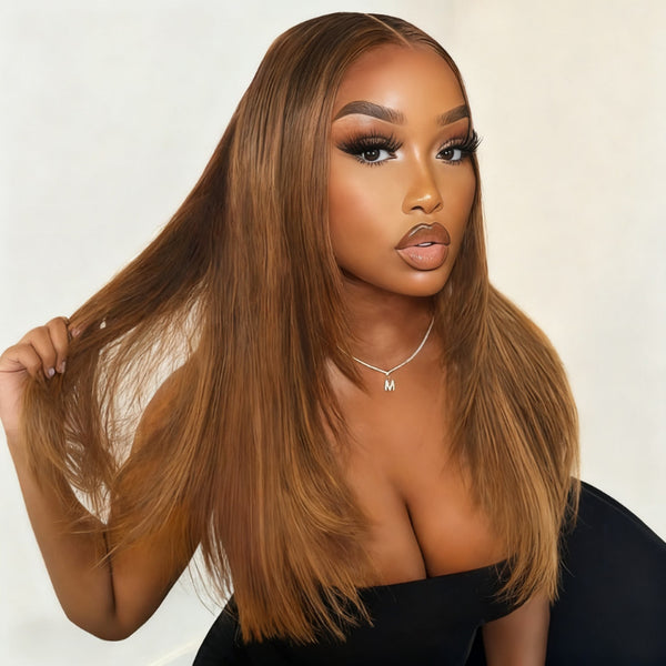 Klaiyi 13x4 Pre erverything Caramel Blonde Layered Straight Wig Put on and Go Glueless Wig with Invisible Knots