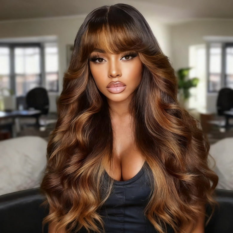 Klaiyi Dark Chocolate Brown 13x4 Pre-Everything Lace Frontal Wig Body Wave Lace Frontal Wig with Curtain Bangs & Layers