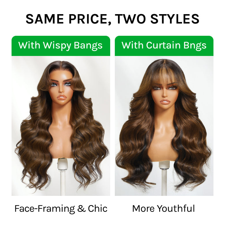 Klaiyi Dark Chocolate Brown 13x4 Pre-Everything Lace Frontal Wig Body Wave Lace Frontal Wig with Curtain Bangs & Layers