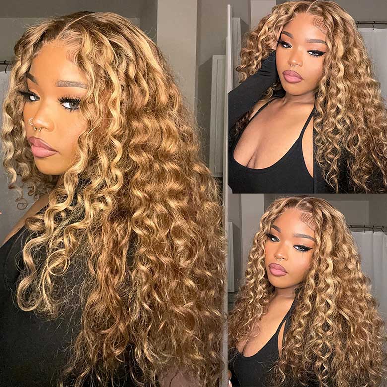 18"-24"| Honey Blonde Highlight Water Wave 7x5 Bye Bye Knots Wigs Flash Sale