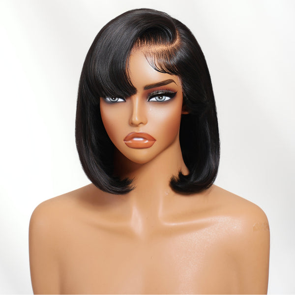 Klaiyi 13×4 Blunt Cut with Side Bangs Natural Black Wig Glueless Lace Front Put On And Go Wig with Drawstring