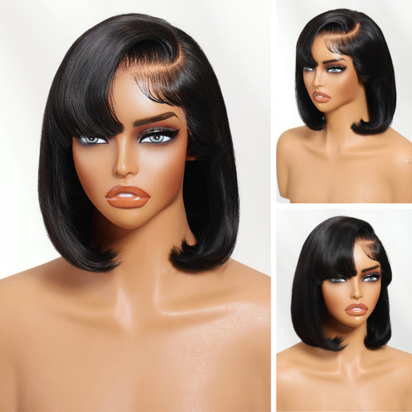 Klaiyi 13×4 Blunt Cut with Side Bangs Natural Black Wig Glueless Lace Front Put On And Go Wig with Drawstring