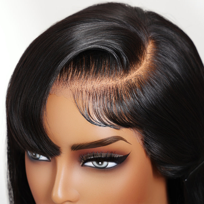 Klaiyi 13×4 Blunt Cut with Side Bangs Natural Black Wig Glueless Lace Front Put On And Go Wig with Drawstring