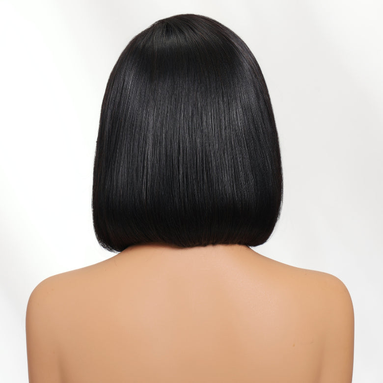 Klaiyi 13×4 Blunt Cut with Side Bangs Natural Black Wig Glueless Lace Front Put On And Go Wig with Drawstring