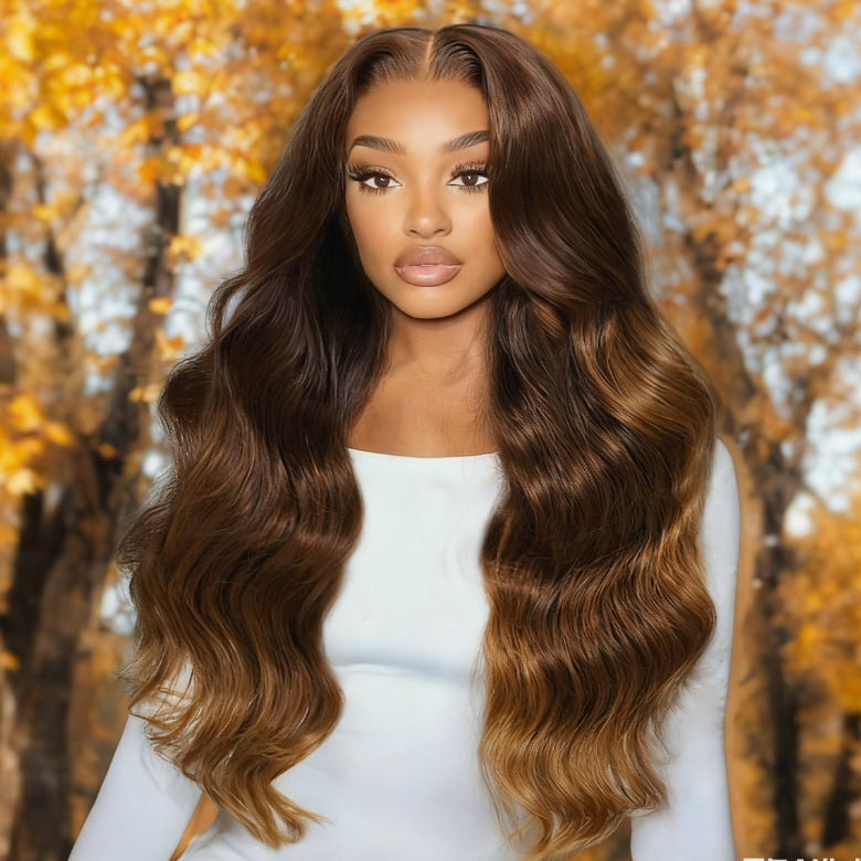 Klaiyi  3-Tone Brown Ombre with Golden Ends 13x4 Pre Everything Body Wave Lace Front Wig With Invisible Drawstring
