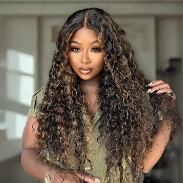 Klaiyi 13×4 Natural Black with Caramel Highlights Water Wave Pre Everything Wig With Invisible Drawstring
