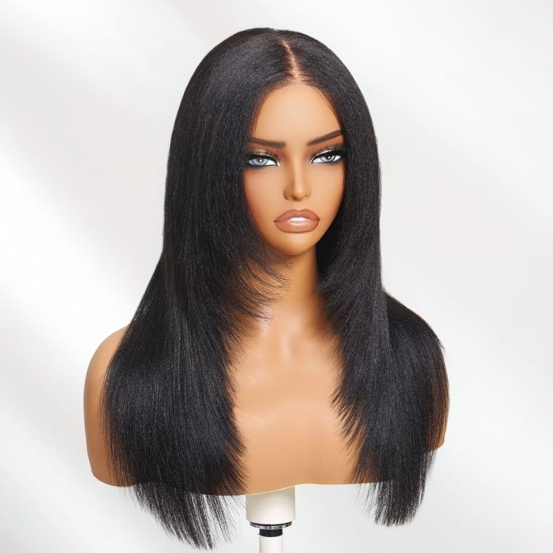 Klaiyi Yaki Straight 13x4 Pre Everything Lace Frontal Face-framing Reathered Layers Wig Put On and Go With Invisi Drawstring