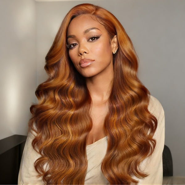 Klaiyi Ginger With Cinnamon Brown highlight 13×4 Pre Everything Loose Body Wave Lace Frontal Put on and Go Wig With Invisible Drawstring
