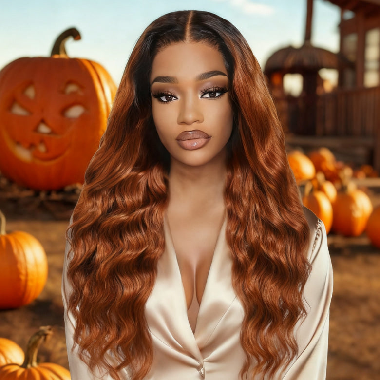 Klaiyi Reddish Copper Brown 13×4 Loose Wave Face Framing Put on and Go Glueless Human Hair Wig