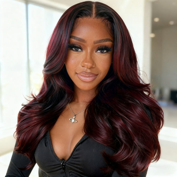 Klaiyi Deep Burgundy Highlights 13x4 Pre-everything Lace Frontal Soft Body Wave Face-Framing Layers Wig with Invisi-Drawstring