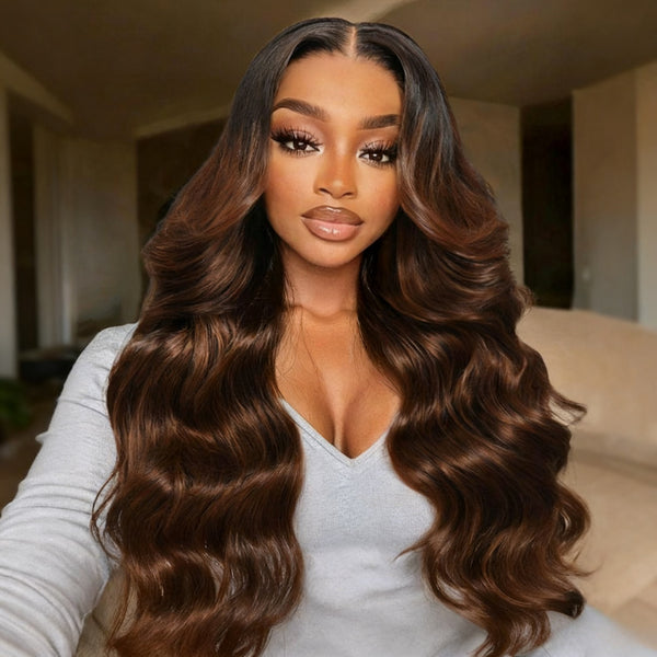 Klaiyi Dark Root to Mocha Brown Ombre 13x4 Pre-everything Lace Frontal Loose Wave Wig Put On and Go with Invisi-Drawstring