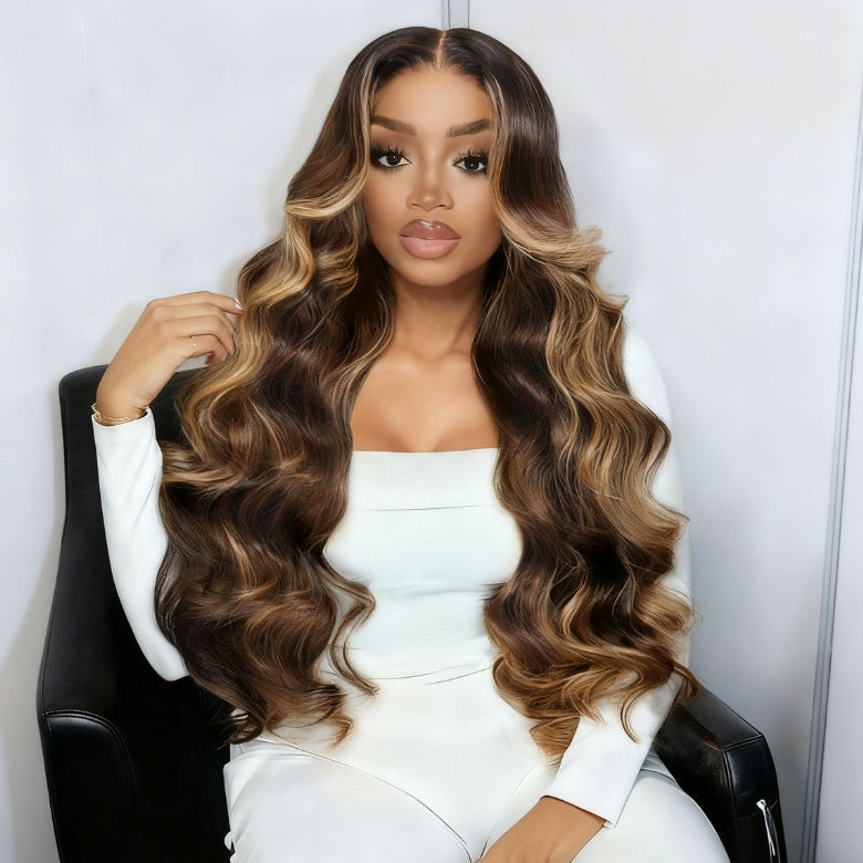 Klaiyi 13×4 Honey Blonde Highlights Loose Wave Balayage Lace Wig With Invisible Drawstring