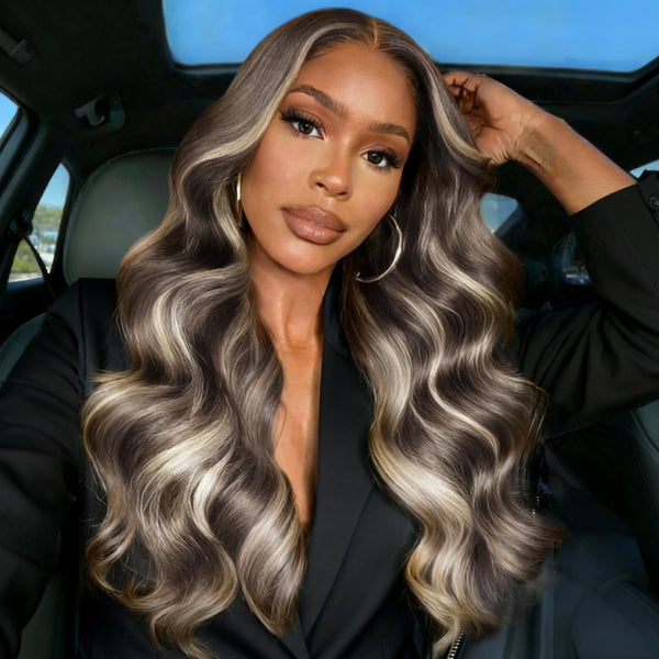 Klaiyi 13x4 Dark Brown with Platinum Blonde Highlights Loose Wave Face-Framing Layers Lace Frontal Wig with Invisi-Drawstring