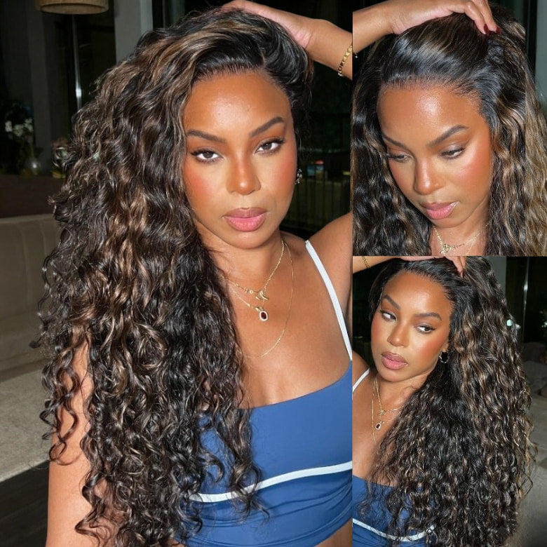 Klaiyi 13×4 Golden Brown Highlight Water curly hair Pre Everything  Lace Wig With Invisible Drawstring