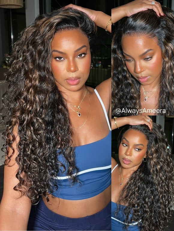 Klaiyi 13×4 Golden Brown Highlight Water curly hair Pre Everything  Lace Wig With Invisible Drawstring