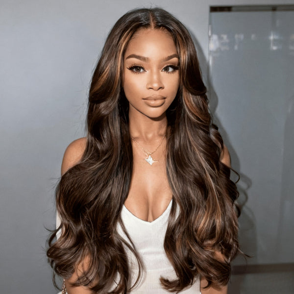 Klaiyi Yaki Loose Wave Rich Brown Highlights Lace  13x4 Lace  Wig With Invisible Drawstring