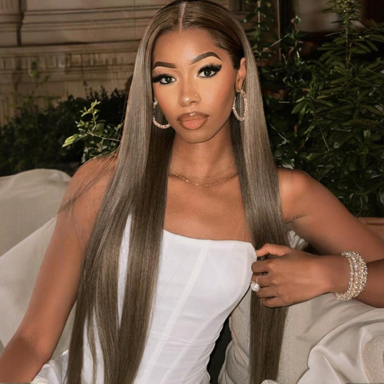 Flash Sale Klaiyi Milk Tea Brunette 13x4 Pre everything Sliky Straight Wig Ash Brown Color Human Hair Wig