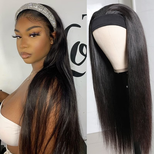 Klaiyi Straight Human Hair Wigs With Headbands Attached Non Lace Front Wigs Black Color 150% Density