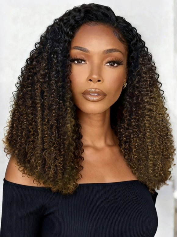 Klaiyi Flip Over 3/4 Half Wig Chestnut Brown Ombre Kinky Curly Put On and Go Glueless Beginner Friendly Wig Flash Sale