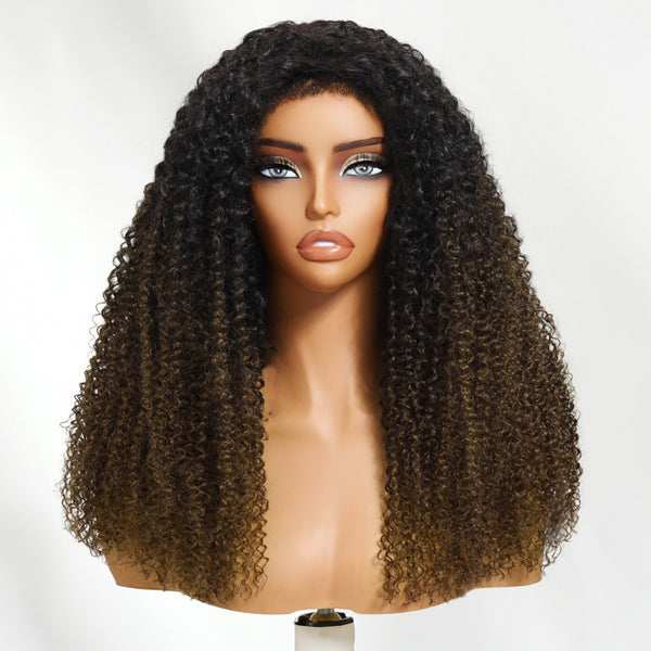 Klaiyi Flip Over 3/4 Half Wig Chestnut Brown Ombre Kinky Curly Put On and Go Glueless Beginner Friendly Wig Flash Sale