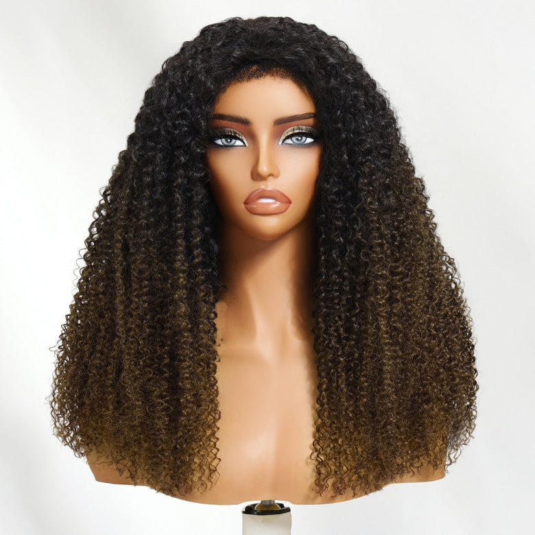 Klaiyi Flip Over 3/4 Half Wig Chestnut Brown Ombre Kinky Curly Put On and Go Glueless Beginner Friendly Wig Flash Sale