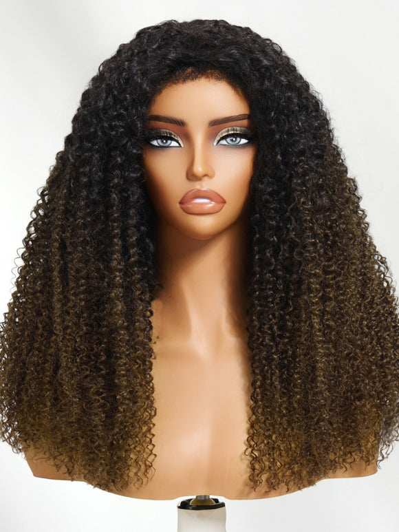 Klaiyi Flip Over 3/4 Half Wig Chestnut Brown Ombre Kinky Curly Put On and Go Glueless Beginner Friendly Wig Flash Sale