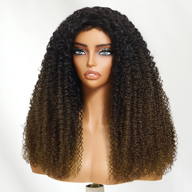 Klaiyi Flip Over 3/4 Half Wig Chestnut Brown Ombre Kinky Curly Put On and Go Glueless Beginner Friendly Wig Flash Sale