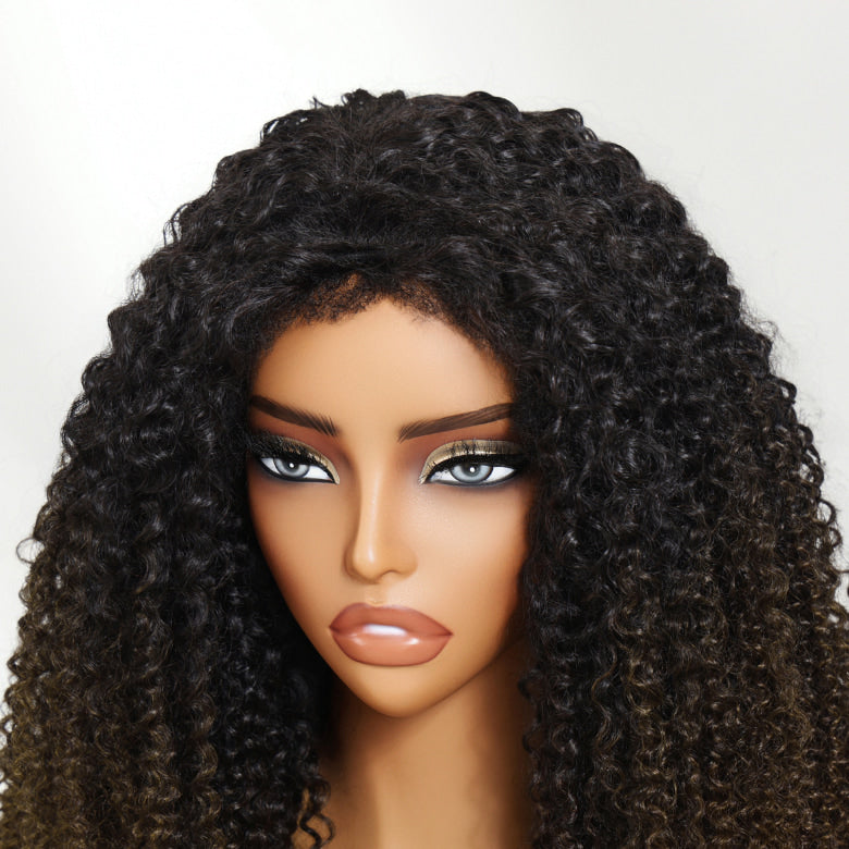 Klaiyi Flip Over 3/4 Half Wig Chestnut Brown Ombre Kinky Curly Put On and Go Glueless Beginner Friendly Wig Flash Sale