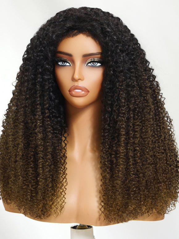 Klaiyi Flip Over 3/4 Half Wig Chestnut Brown Ombre Kinky Curly Put On and Go Glueless Beginner Friendly Wig Flash Sale